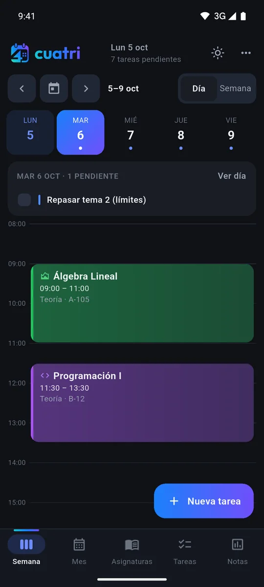 Cuatri en el móvil: el horario del martes con Álgebra Lineal y Programación I