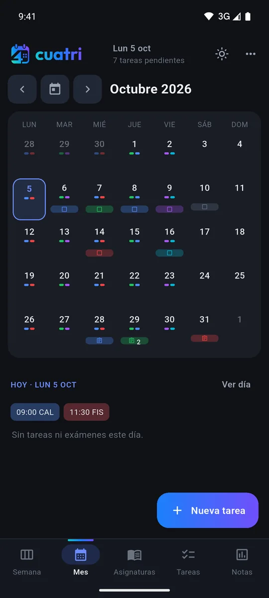 Vista de mes con los exámenes y las entregas marcados