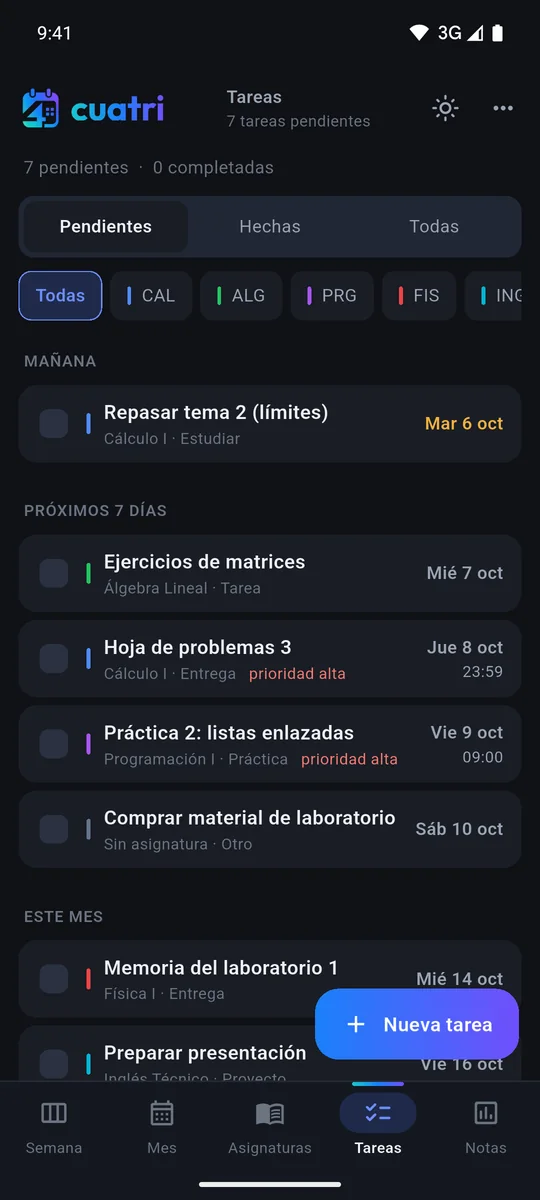Lista de tareas pendientes agrupadas en mañana, los próximos siete días y este mes