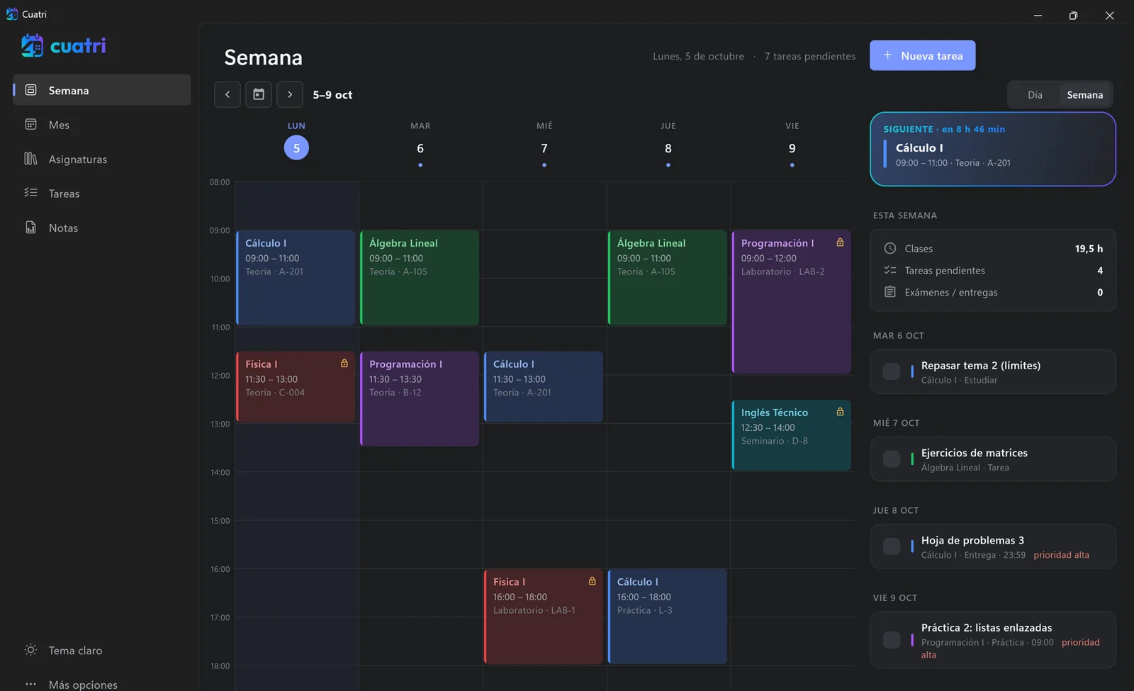 Cuatri en Windows: la semana completa con las clases de cada asignatura y las tareas de cada día al lado